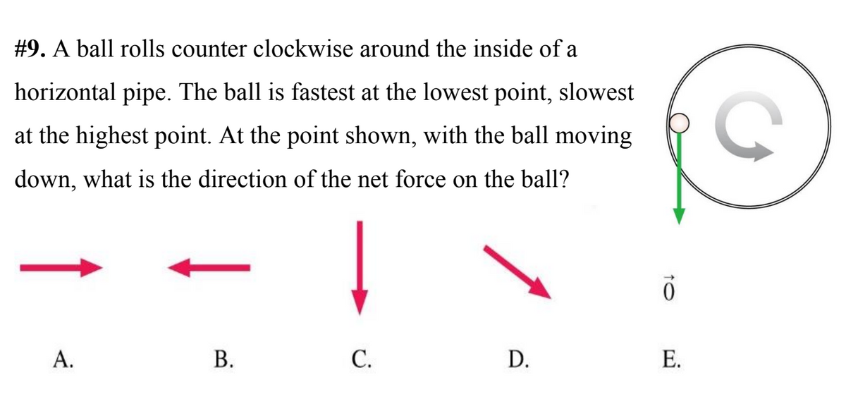 #9. A ball rolls counter clockwise around the inside of a
horizontal pipe. The ball is fastest at the lowest point, slowest
at the highest point. At the point shown, with the ball moving
down, what is the direction of the net force on the ball?
А.
С.
E.
D.
B.
