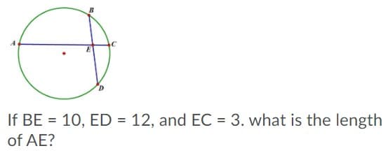 If BE = 10, ED = 12, and EC = 3. what is the length
of AE?
