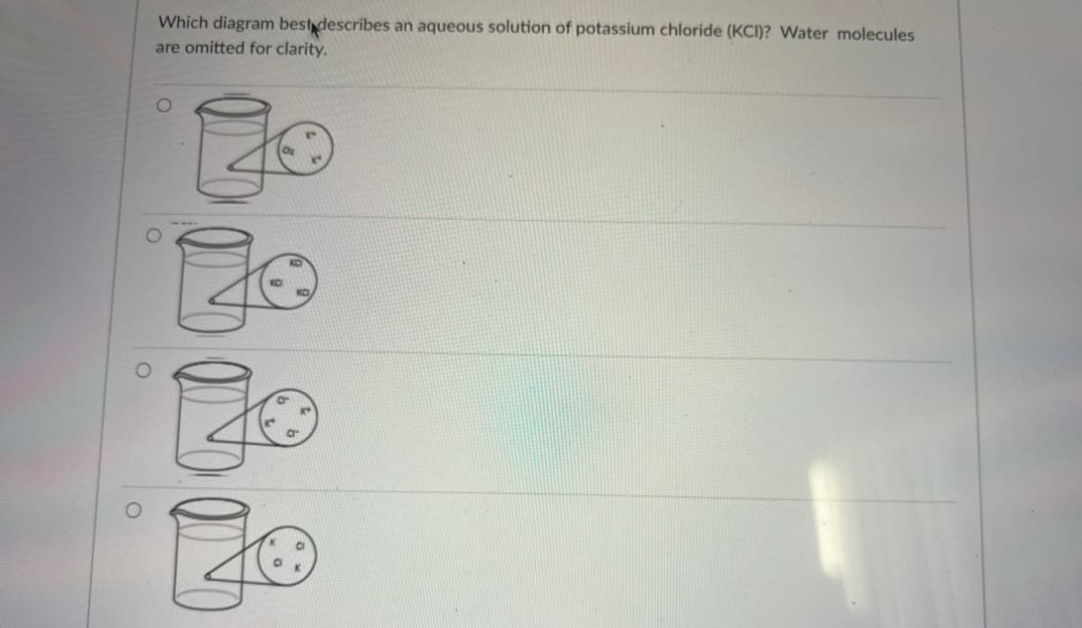 O
Which diagram best describes an aqueous solution of potassium chloride (KCI)? Water molecules
are omitted for clarity.
O
20
jo
Zo
