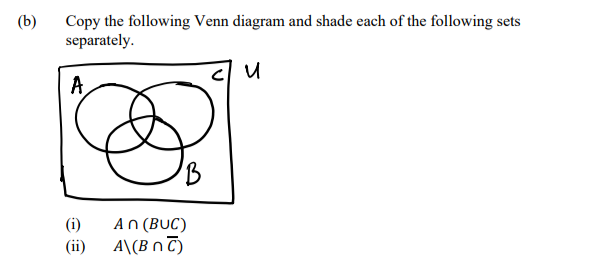 Copy the following Venn diagram and shade each of the following sets
separately.
(b)
A
(i)
A n (BUC)
(ii)
A\(B nT)
