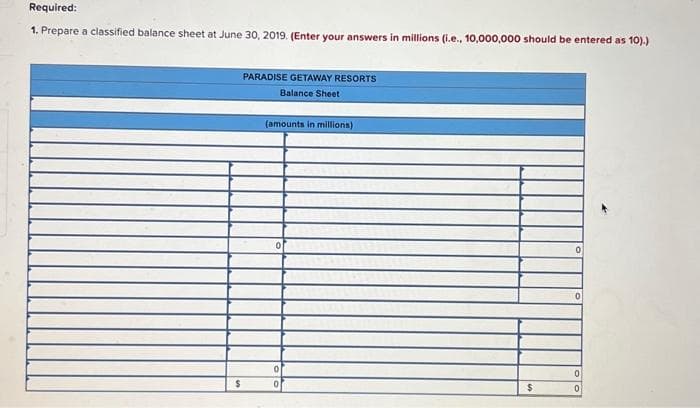 Required:
1. Prepare a classified balance sheet at June 30, 2019. (Enter your answers in millions (i.e., 10,000,000 should be entered as 10).)
$
PARADISE GETAWAY RESORTS
Balance Sheet
(amounts in millions)
0
0
0
$
0
0
0
0