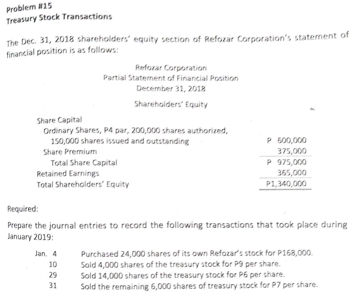 Problem #15
Treasury Stock Transactions
The Dec. 31, 2018 shareholders' equity section of Refozar Corporation's staternent of
financial position is as follows:
Refozar Corporation
Partial Statement of Financial Position
December 31, 2018
Shareholders' Equity
Share Capital
Ordinary Shares, P4 par, 200,000 shares authorized,
150,000 shares issued and outstanding
P 600,000
Share Premium
375,000
P 975,000
Total Share Capital
Retained Earníngs
Total Shareholders' Equity
365,000
P1,340,000
Required:
Prepare the journal entries to record the following transactions that took place during
January 2019:
Purchased 24,000 shares of its own Refozar's stock for P168,000.
Sold 4,000 shares of the treasury stock for P9 per share.
Sold 14,000 shares of the treasury stock for P6 per share.
Sold the rernaining 6,000 shares of treasury stock for P7 per share.
Jan. 4
10
29
31
