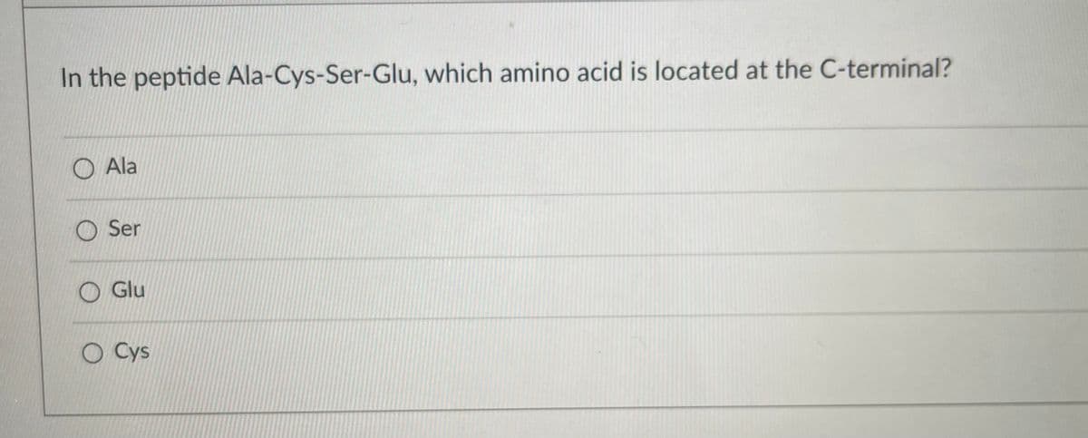 In the peptide Ala-Cys-Ser-Glu, which amino acid is located at the C-terminal?
O Ala
O Ser
O Glu
O Cys
