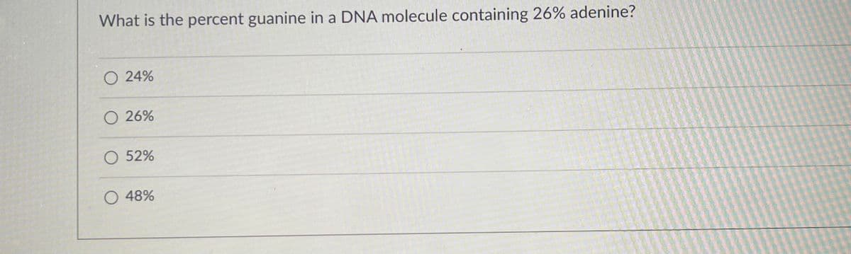 What is the percent guanine in a DNA molecule containing 26% adenine?
O 24%
O 26%
O 52%
O 48%
