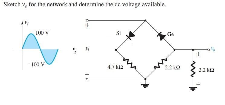 Sketch v, for the network and determine the dc voltage available.
100 V
Si
Ge
Vo
-100 V
4.7 k2
2.2 k2
2.2 k2
+
