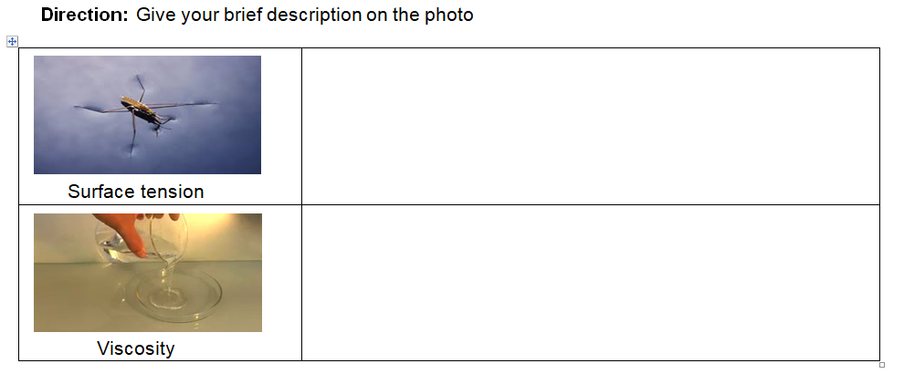 Direction: Give your brief description on the photo
Surface tension
Viscosity
