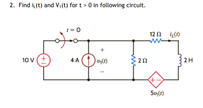 2. Find iL(t) and V,(t) for t > 0 in following circuit.
t = 0
12 N iL(1)
+
10 V (+
4 A (1) vy(t)
2H
5v,(t)
