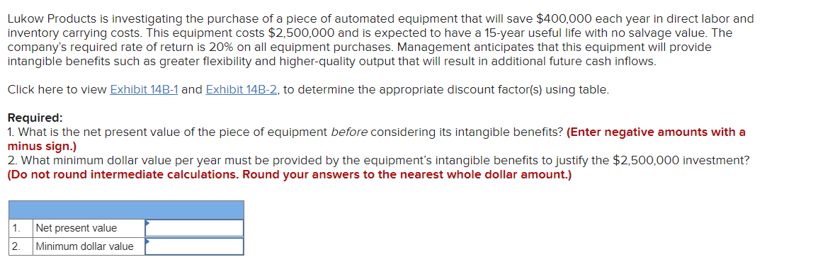 Lukow Products is investigating the purchase of a piece of automated equipment that will save $400,000 each year in direct labor and
inventory carrying costs. This equipment costs $2,500,000 and is expected to have a 15-year useful life with no salvage value. The
company's required rate of return is 20% on all equipment purchases. Management anticipates that this equipment will provide
intangible benefits such as greater flexibility and higher-quality output that will result in additional future cash inflows.
Click here to view Exhibit 14B-1 and Exhibit 14B-2, to determine the appropriate discount factor(s) using table.
Required:
1. What is the net present value of the piece of equipment before considering its intangible benefits? (Enter negative amounts with a
minus sign.)
2. What minimum dollar value per year must be provided by the equipment's intangible benefits to justify the $2,500,000 investment?
(Do not round intermediate calculations. Round your answers to the nearest whole dollar amount.)
1
Net present value
2.
Minimum dollar value
