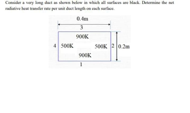 Consider a very long duct as shown below in which all surfaces are black. Determine the net
radiative heat transfer rate per unit duct length on each surface.
0.4m
3
900K
4 500K
500K 2 0.2m
900K
1
