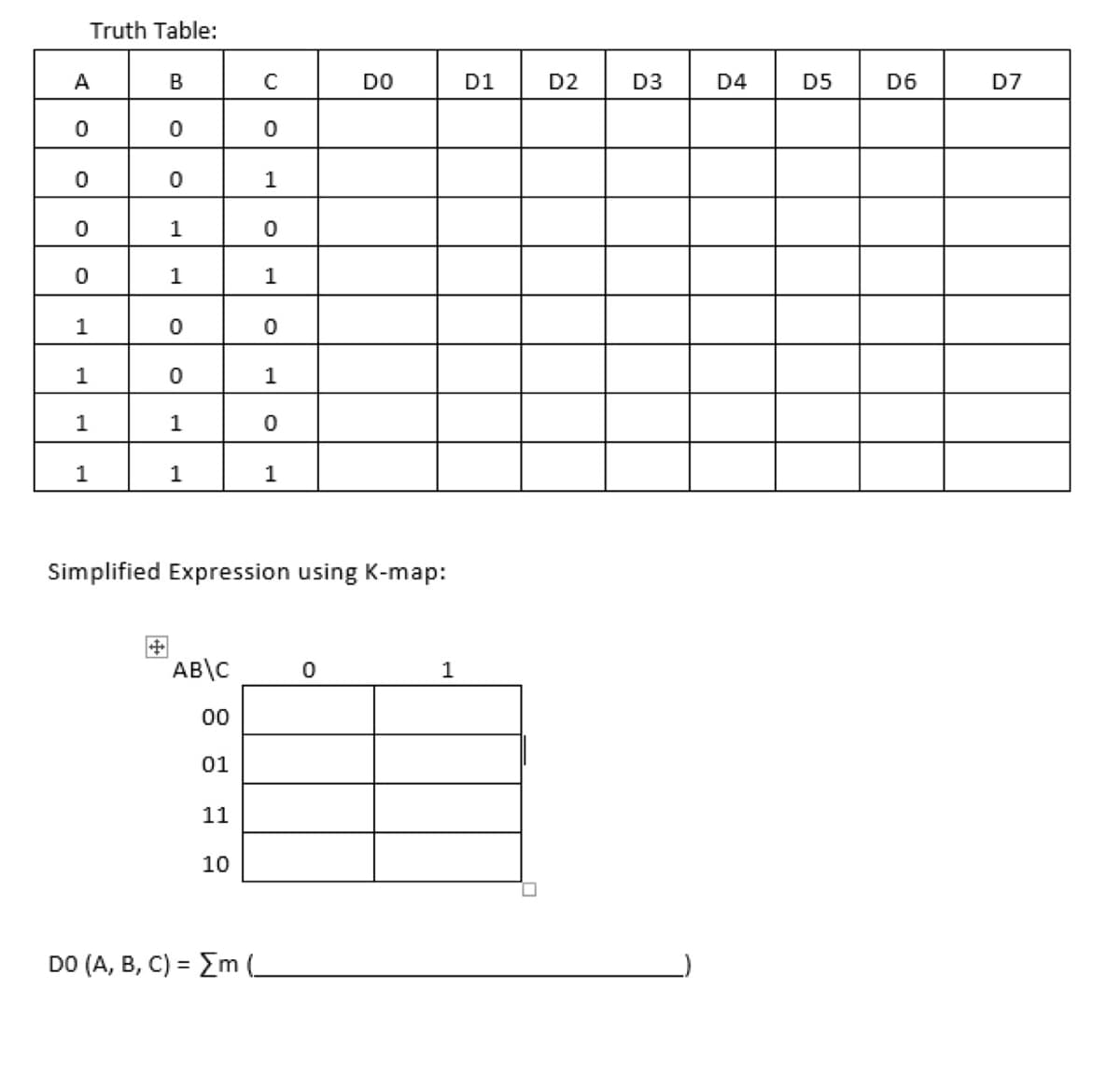 Truth Table:
A
DO
D1
D2
D3
D4
D5
D6
D7
1
1
1
1
1
1
1
1
1
1
Simplified Expression using K-map:
AB\C
1
00
01
11
10
DO (A, B, C) = Em (_
