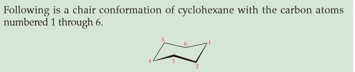 Following is a chair conformation of cyclohexane with the carbon atoms
numbered 1 through 6.
