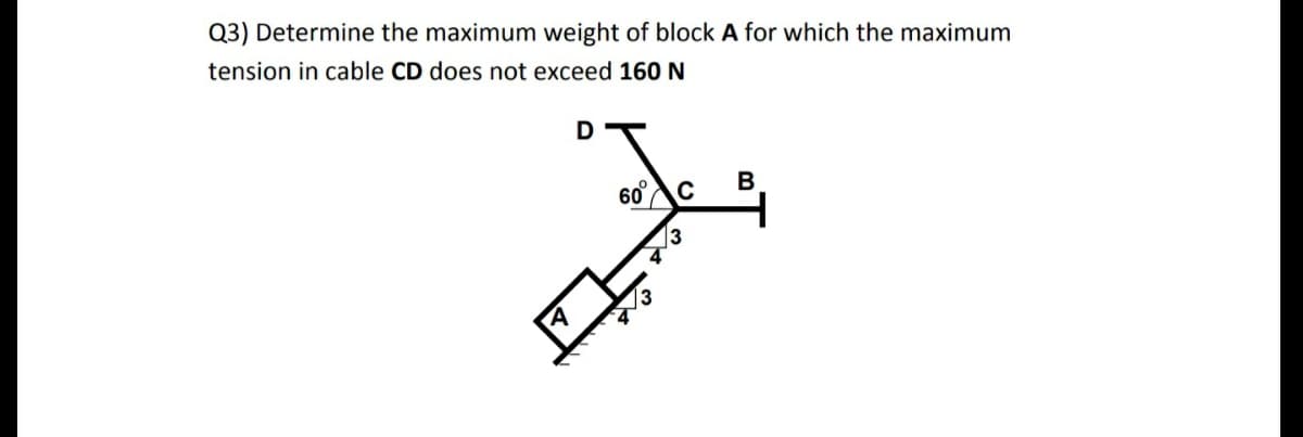 Q3) Determine the maximum weight of block A for which the maximum
tension in cable CD does not exceed 160 N
D
B
60AC
3
