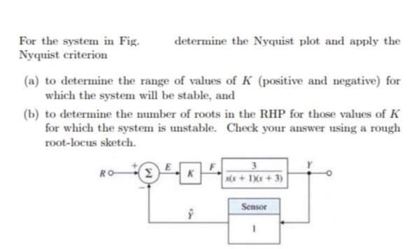 For the system in Fig.
Nyquist criterion
determine the Nyquist plot and apply the
(a) to determine the range of values of K (positive and negative) for
which the system will be stable, and
(b) to determine the number of roots in the RHP for those values of K
for which the system is unstable. Check your answer using a rough
root-locus sketch.
RO
K
s(s + IXs+3)
Sensor
