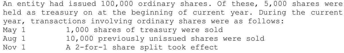 An entity had issued 100,000 ordinary shares. Of these, 5,000 shares were
held as treasury on at the beginning of current year. During the current
year, transactions involving ordinary shares were as follows:
Маy 1
Aug 1
Nov 1
1,000 shares of treasury were sold
10,000 previously unissued shares were sold
A 2-for-1 share split took effect
