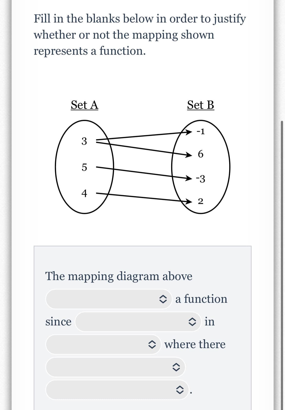 Fill in the blanks below in order to justify
whether or not the mapping shown
represents a function.
Set A
3
since
5
Set B
The mapping diagram above
-1
6
-3
2
a function
in
where there