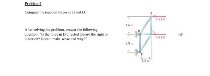 Problem 6
Compute the reaction forces in B and D.
After solving the problem, answer the following
question: "Is the force in D directed toward the right or
direction? Does it make sense and why?"
8.4 kN
f
8.4 kN
D
2.8 m
4.5 m
4.5 m
left