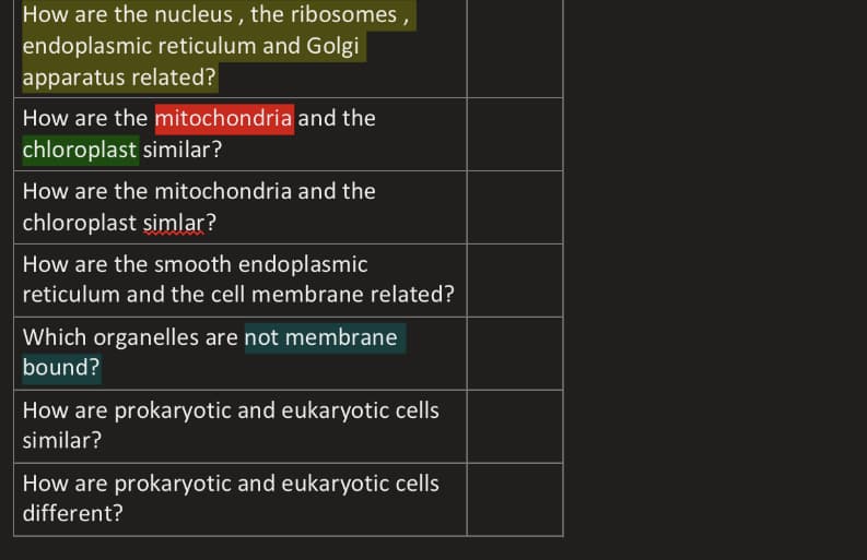 How are the nucleus , the ribosomes ,
endoplasmic reticulum and Golgi
apparatus related?
How are the mitochondria and the
chloroplast similar?
How are the mitochondria and the
chloroplast simlar?
How are the smooth endoplasmic
reticulum and the cell membrane related?
Which organelles are not membrane
bound?
How are prokaryotic and eukaryotic cells
similar?
How are prokaryotic and eukaryotic cells
different?
