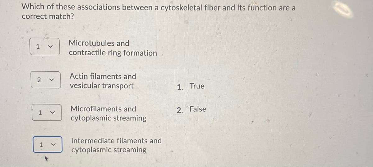 Which of these associations between a cytoskeletal fiber and its function are a
correct match?
Microtubules and
1
contractile ring formation
Actin filaments and
vesicular transport
1. True
Microfilaments and
2. False
1
cytoplasmic streaming
Intermediate filaments and
1
cytoplasmic streaming
