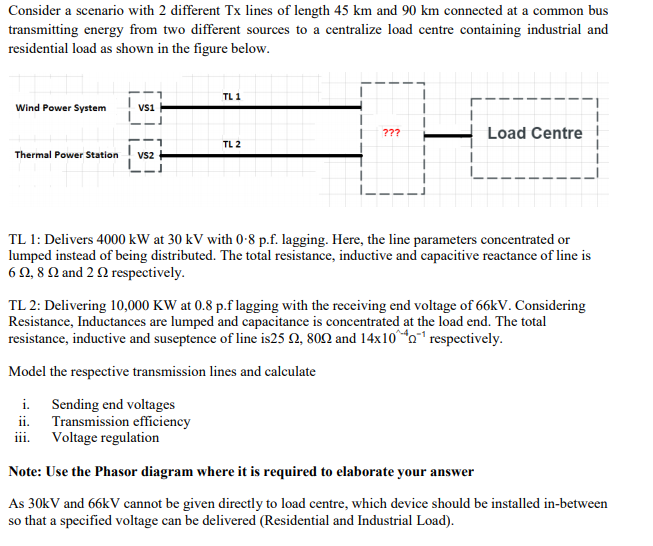 Consider a scenario with 2 different Tx lines of length 45 km and 90 km connected at a common bus
transmitting energy from two different sources to a centralize load centre containing industrial and
residential load as shown in the figure below.
TL 1
Wind Power System
Vsi
???
Load Centre
TL 2
Thermal Power Station
VS2
TL 1: Delivers 4000 kW at 30 kV with 0-8 p.f. lagging. Here, the line parameters concentrated or
lumped instead of being distributed. The total resistance, inductive and capacitive reactance of line is
60, 8 Q and 2 2 respectively.
TL 2: Delivering 10,000 KW at 0.8 p.f lagging with the receiving end voltage of 66kV. Considering
Resistance, Inductances are lumped and capacitance is concentrated at the load end. The total
resistance, inductive and suseptence of line is25 2, 802 and 14x10a1 respectively.
Model the respective transmission lines and calculate
i. Sending end voltages
ii. Transmission efficiency
iii. Voltage regulation
Note: Use the Phasor diagram where it is required to elaborate your answer
As 30kV and 66kV cannot be given directly to load centre, which device should be installed in-between
so that a specified voltage can be delivered (Residential and Industrial Load).
