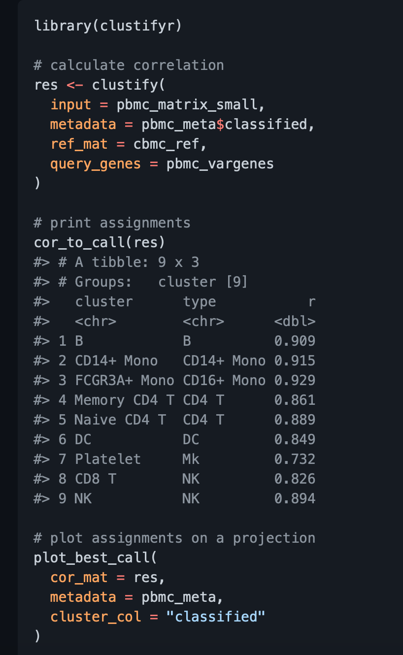 library(clustifyr)
# calculate correlation
res <- clustify(
input = pbmc_matrix_small,
metadata = pbmc_meta$classified,
ref_mat = cbmc_ref,
query_genes
pbmc_vargenes
%3D
# print assignments
cor_to_call(res)
#> # A tibble: 9 x 3
#> # Groups:
cluster [9]
#>
cluster
type
r
#>
<chr>
<chr>
<dbl>
#> 1 B
0.909
#> 2 CD14+ Mono
CD14+ Mono 0.915
#> 3 FCGR3A+ Mono CD16+ Mono 0.929
#> 4 Memory CD4 T CD4 T
0.861
#> 5 Naive CD4 T CD4 T
0.889
#> 6 DC
DC
0.849
#> 7 Platelet
Mk
0.732
#> 8 CD8 T
NK
0.826
#> 9 NK
NK
0.894
# plot assignments on a projection
plot_best_call(
cor_mat = res,
%3D
metadata = pbmc_meta,
cluster_col = "classified"
)
