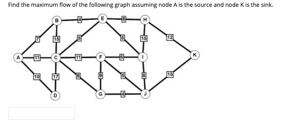 Find the maximum flow of the following graph assuming node A is the source and node K is the sink.
12
11
10
17
15
自 回
