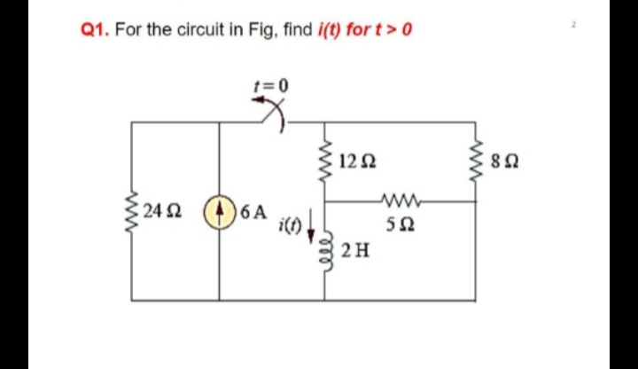 Q1. For the circuit in Fig, find i(t) for t> 0
t= 0
12Ω
: 24 2
6A
50
2H
ell
