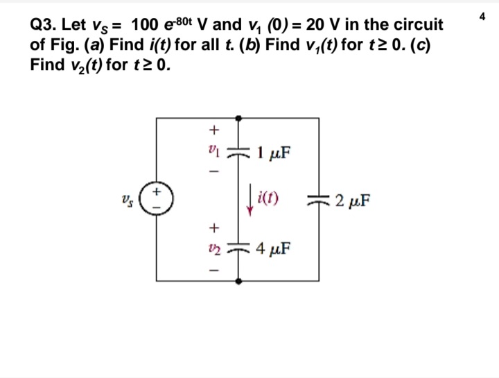 Q3. Let vs = 100 e80t V and v, (0) = 20 V in the circuit
of Fig. (a) Find i(t) for all t. (b) Find v,(t) for t2 0. (c)
Find v,(t) for t > 0.
+
µF
i1)
2 µF
+
4 μF
Ht
HE
+
