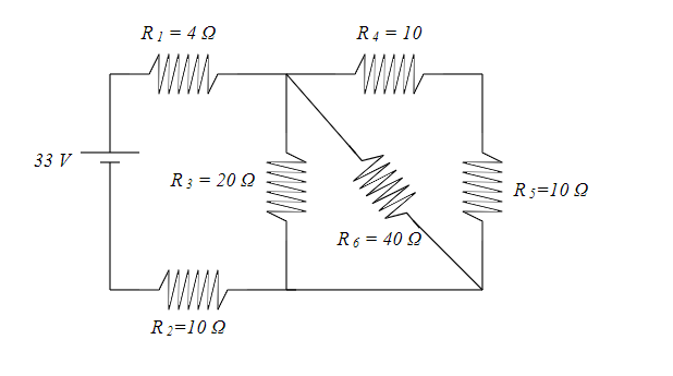 R1 = 4 Q
R4 = 10
WWW
WWW
33 V
R3 = 20 Q
R3=10 2
R6 = 40 2
R2=10 Q
WWW
