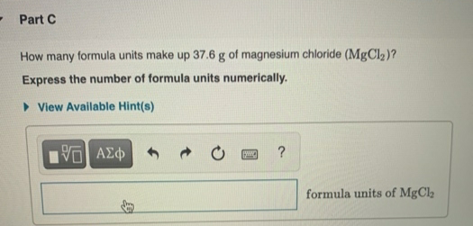 How many formula units make up 37.6 g of magnesium chloride (MgCl2)?
Express the number of formula units numerically.
