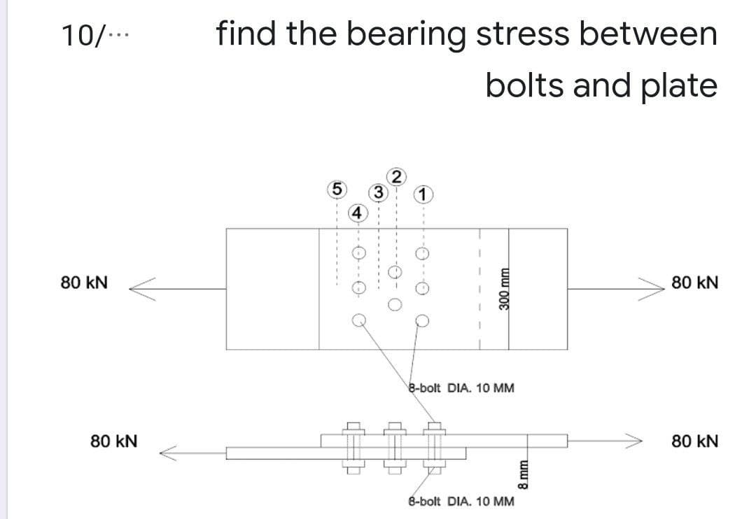 find the bearing stress between
bolts and plate
10/-..
5.
1)
4
80 kN
80 kN
8-bolt DIA. 10 MM
80 kN
80 kN
8-bolt DIA. 1O MM
-------
-O- O
300mm
8 mm
