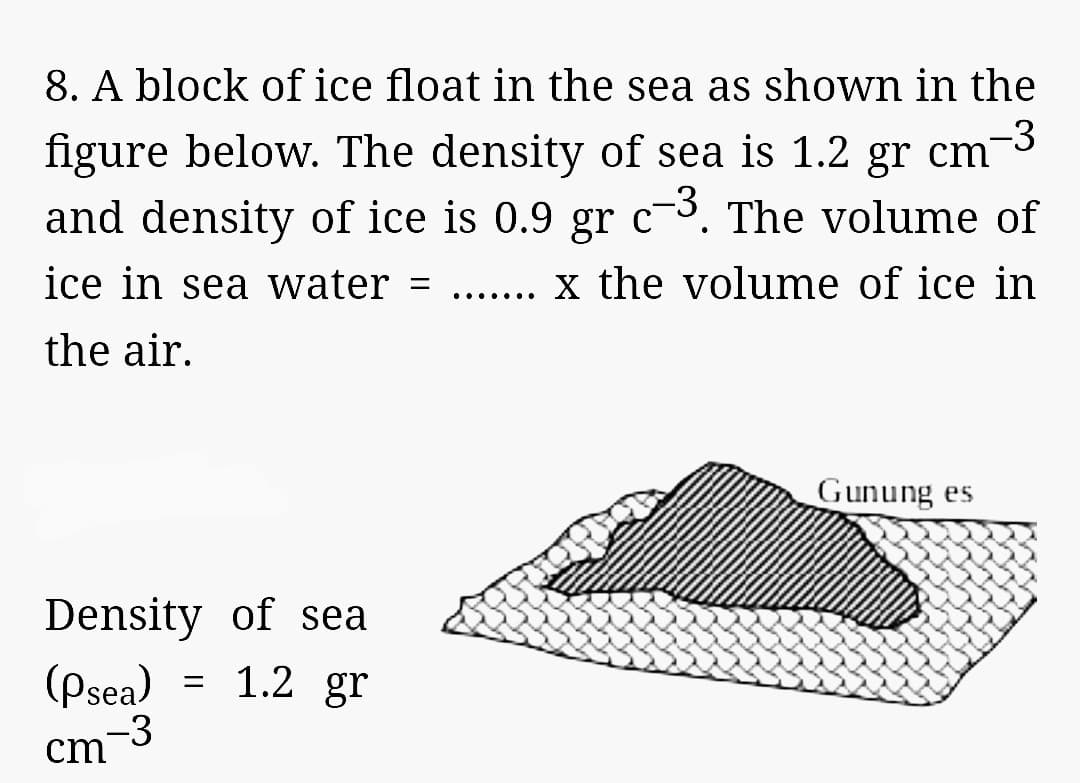 8. A block of ice float in the sea as shown in the
-3
figure below. The density of sea is 1.2 gr cm¯
and density of ice is 0.9 gr c-3. The volume of
x
ice in sea water = ....... X the volume of ice in
the air.
Density of sea
(Psea) = 1.2 gr
-3
cm
Gunung es