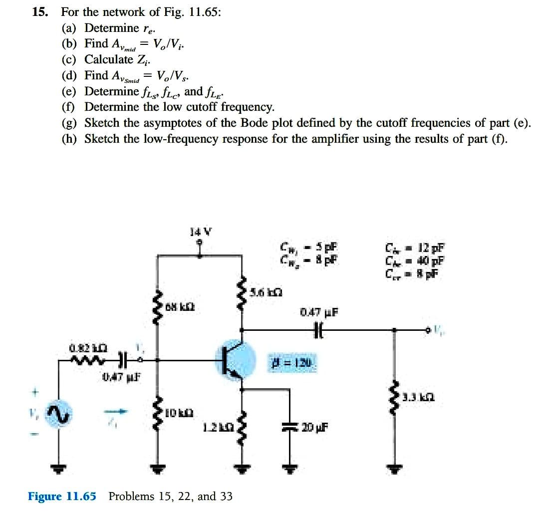 For the network of Fig. 11.65:
(a) Determine re.
(b) Find A, = V,/V;.
(c) Calculate Z;.
(d) Find Aysmi = V,/Vs.
(e) Determine fty flo and fLe:
(f) Determine the low cutoff frequency.
(g) Sketch the asymptotes of the Bode plot defined by the cutoff frequencies of part (e).
(h) Sketch the low-frequency response for the amplifier using the results of part (f).
15.
14 V
5pF
pF
C, - 12 pF
C- 40 pF
C 8 pF
战 k
047 µF
047 MF
20F
Figure 11.65 Problems 15, 22, and 33
