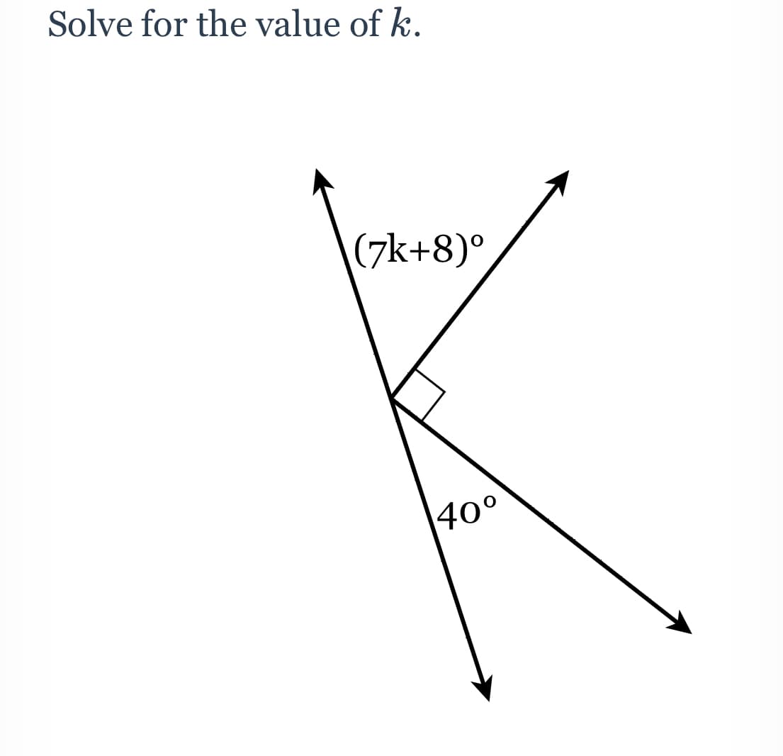 Solve for the value of k.
(7k+8)°
40°

