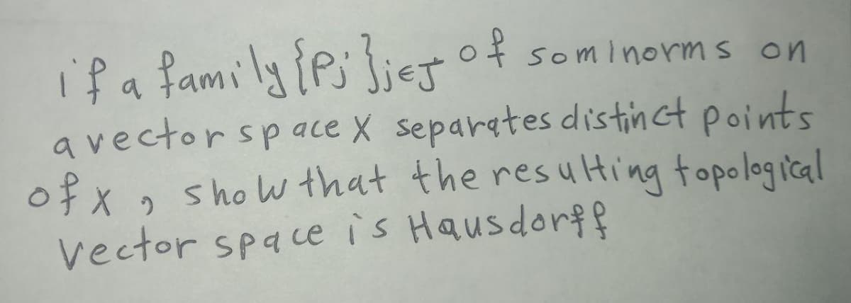 if a family iP; Sier of sominorms on
avectorspaceX separates distinct points
of X, show that the resuHing topological
vector space is Hausdorf?
