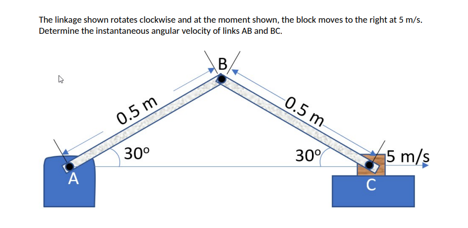 The linkage shown rotates clockwise and at the moment shown, the block moves to the right at 5 m/s.
Determine the instantaneous angular velocity of links AB and BC.
B,
0.5 m-
0.5 m
30°
30
5 m/ş
A
C
