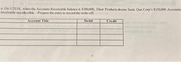 e. On 1/25/18, when the Accounts Receivable balance is $380,000, Floor Products deems Suzie Que Corp's $150,000 Accounts
receivable uncollectible. Prepare the entry to record the write-off.
Account Title
Debit
Credit