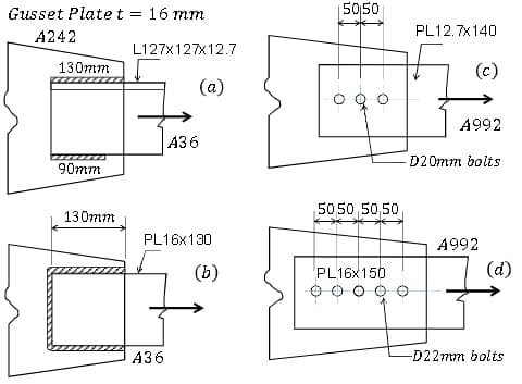 Gusset Plate t
16 mm
50,50
PL12.7x140
A242
L127x127x12.7
130mm
(c)
(a)
A992
A36
- D20mm bolts
90mm
5050,50,50,
130mm
PL16X130
A992
(b)
PL16X150
(d)
A36
-D22mm bolts
