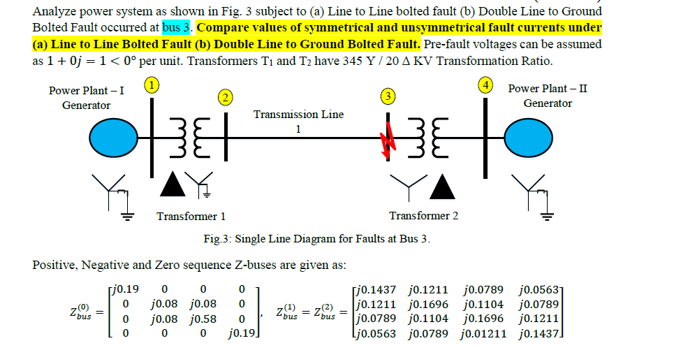 Analyze power system as shown in Fig. 3 subject to (a) Line to Line bolted fault (b) Double Line to Ground
Bolted Fault occurred at bus 3. Compare values of symmetrical and unsymmetrical fault currents under
(a) Line to Line Bolted Fault (b) Double Line to Ground Bolted Fault. Pre-fault voltages can be assumed
as 1+ 0j = 1 < 0° per unit. Transformers T1 and T2 have 345 Y / 20 A KV Transformation Ratio.
Power Plant -I
4)
Power Plant – II
(2
Generator
Generator
Transmission Line
Transformer 1
Transformer 2
Fig.3: Single Line Diagram for Faults at Bus 3.
Positive, Negative and Zero sequence Z-buses are given as:
rj0.19
j0.08 jo.08
jo.08 jo.58
[j0.1437 jo.1211
j0.1211 j0.1696
jo.0789 jo.1104 jo.1696
jo.0789
j0.1104
j0.05631
j0.0789
jo.1211
z0)
bus
z9 = Zbus
=
'bus
j0.19]
Ljo.o563 jo.0789 j0.01211 j0.1437]
