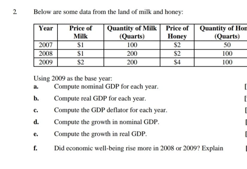 Below are some data from the land of milk and honey:
Quantity of Milk
(Quarts)
Quantity of Hom
(Quarts)
Year
Price of
Price of
Milk
Honey
$2
2007
$1
100
50
2008
$1
200
$2
100
2009
$2
200
$4
100
Using 2009 as the base year:
а.
Compute nominal GDP for each year.
b.
Compute real GDP for each year.
с.
Compute the GDP deflator for each year.
d.
Compute the growth in nominal GDP.
е.
Compute the growth in real GDP.
f.
Did economic well-being rise more in 2008 or 2009? Explain
2.
