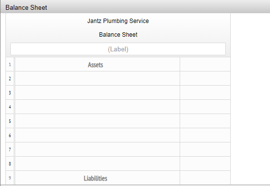 Balance Sheet
Jantz Plumbing Service
Balance Sheet
(Label)
Assets
2
4
6
9
Liabilities
