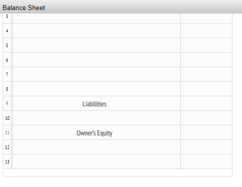 Balance Sheet
4
6
7
Liabilities
10
11
Owner's Equity
12
13
