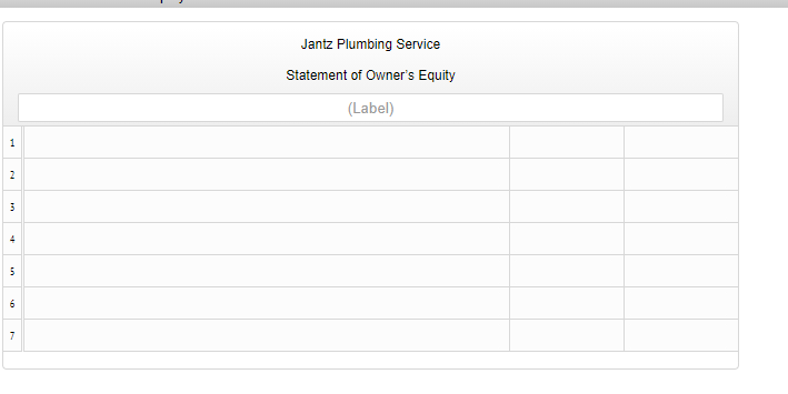 Jantz Plumbing Service
Statement of Owner's Equity
(Label)
1
2
5
6
7
