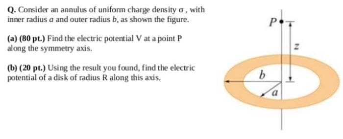 Q. Consider an annulus of uniform charge density o, with
inner radius a and outer radius b, as shown the figure.
(a) (80 pt.) Find the electric potential V at a point P
along the symmetry axis.
(b) (20 pt.) Using the result you found, find the electric
potential of a disk of radius R along this axis.
b
P
a