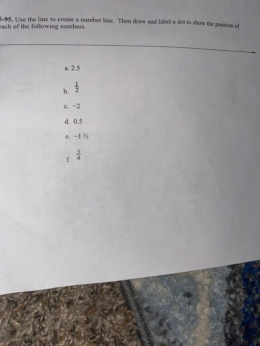 5-95. Use the line to create a number line. Then draw and label a dot to show the position of
cach of the following numbers.
a. 2.5
b. 2
с. -2
d. 0.5
е. -1 %
3.
f. 4
