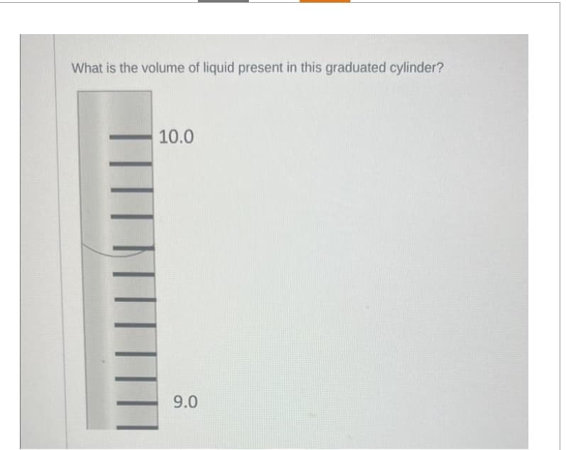 What is the volume of liquid present in this graduated cylinder?
10.0
9.0