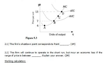 MC
ATC
13
D
AVC
Units of output
Figure 9.3
2.1) This firm's shutdown point corresponds to Point
- (1M)
2.2) This firm will continue to operate in the short run, but incur an aconomic loss if the
range of price is betveen
- Explain your answer. (ZM)
Working calculation:
jun ad ao
