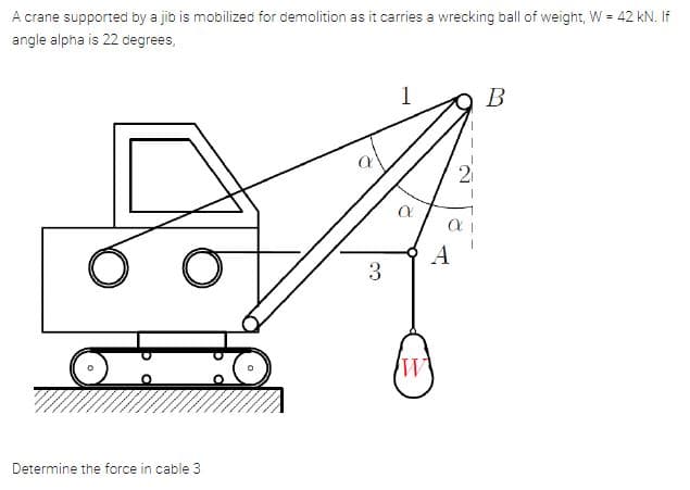A crane supported by a jib is mobilized for demolition as it carries a wrecking ball of weight, W = 42 kN. If
angle alpha is 22 degrees,
1
В
21
A
3
Determine the force in cable 3
