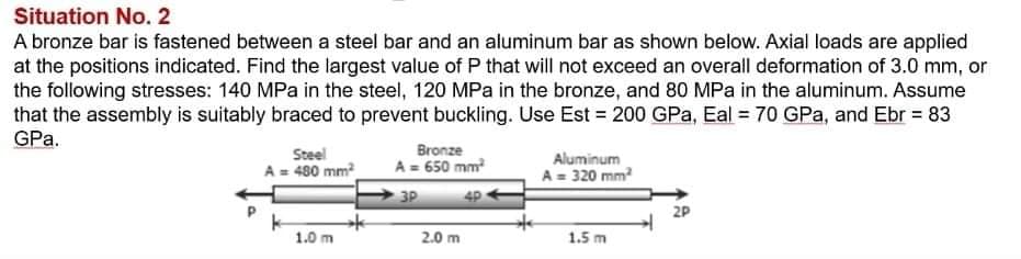 Situation No. 2
A bronze bar is fastened between a steel bar and an aluminum bar as shown below. Axial loads are applied
at the positions indicated. Find the largest value of P that will not exceed an overall deformation of 3.0 mm, or
the following stresses: 140 MPa in the steel, 120 MPa in the bronze, and 80 MPa in the aluminum. Assume
that the assembly is suitably braced to prevent buckling. Use Est = 200 GPa, Eal = 70 GPa, and Ebr = 83
GPa.
Bronze
Steel
A = 480 mm?
Aluminum
A = 650 mm
A = 320 mm
3P
4P
2P
1.0 m
2.0 m
1.5 m

