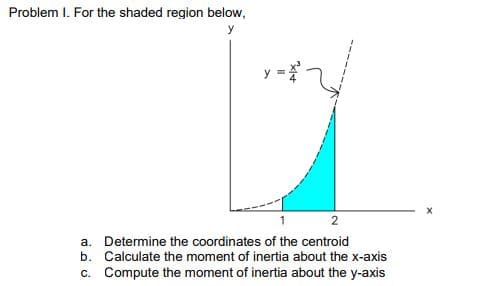 Problem I. For the shaded region below,
2
a. Determine the coordinates of the centroid
b. Calculate the moment of inertia about the x-axis
c. Compute the moment of inertia about the y-axis
