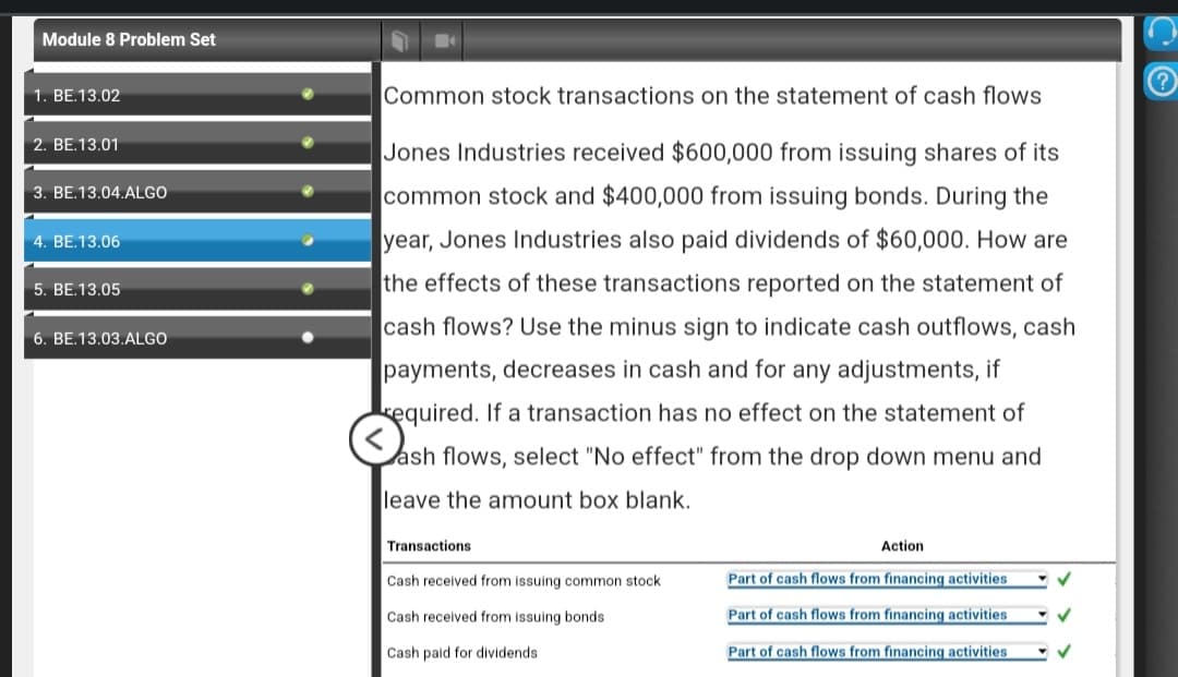 Module 8 Problem Set
1. BE.13.02
2. BE.13.01
3. BE.13.04.ALGO
4. BE.13.06
5. BE.13.05
6. BE.13.03.ALGO
...
Common stock transactions on the statement of cash flows
Jones Industries received $600,000 from issuing shares of its
common stock and $400,000 from issuing bonds. During the
year, Jones Industries also paid dividends of $60,000. How are
the effects of these transactions reported on the statement of
cash flows? Use the minus sign to indicate cash outflows, cash
payments, decreases in cash and for any adjustments, if
required. If a transaction has no effect on the statement of
ash flows, select "No effect" from the drop down menu and
leave the amount box blank.
Transactions
Cash received from issuing common stock
Cash received from issuing bonds.
Cash paid for dividends
Action
Part of cash flows from financing activities
Part of cash flows from financing activities
Part of cash flows from financing activities.
✓
CO